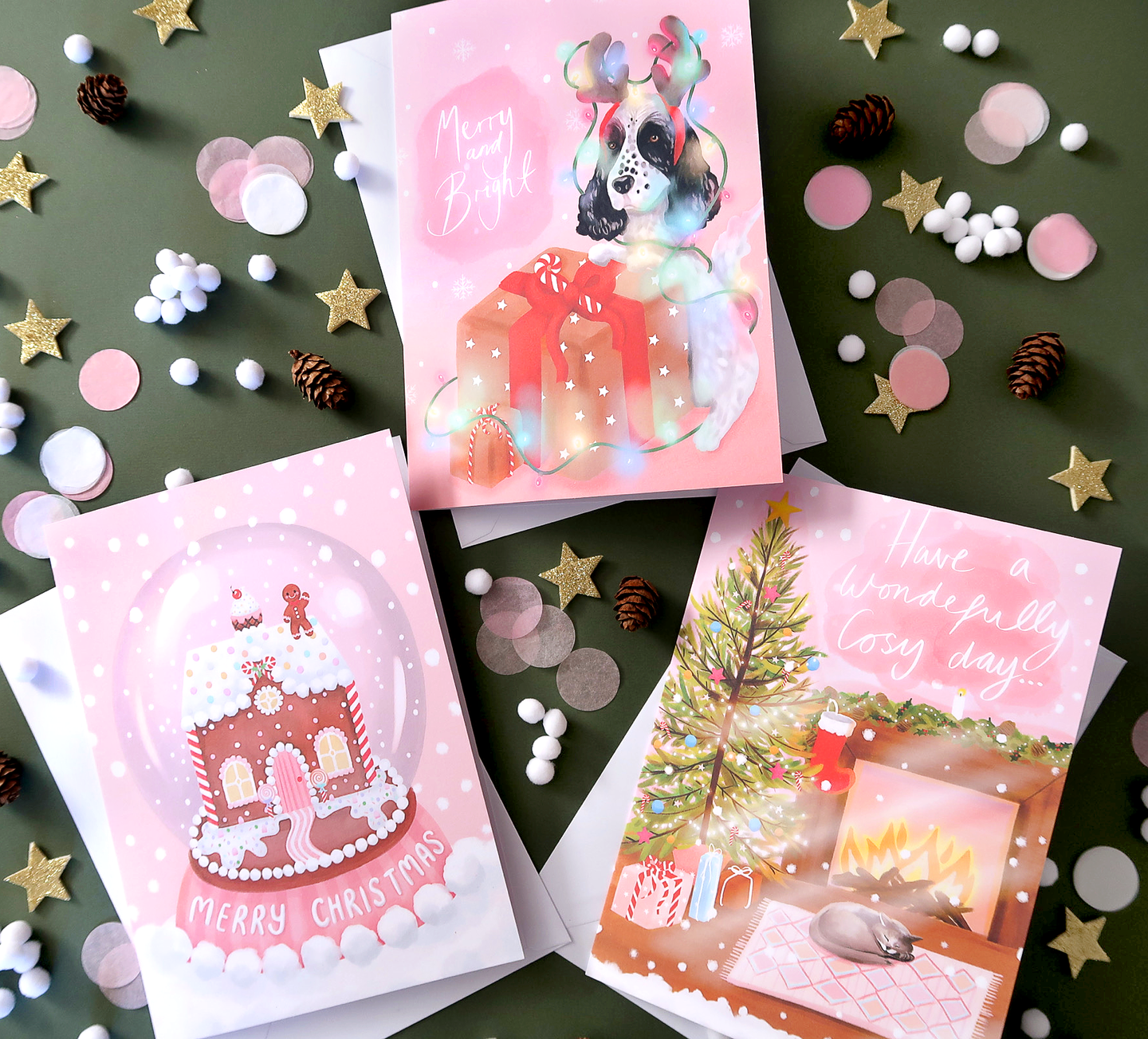 Pink Christmas Cards Variety Pack of 3