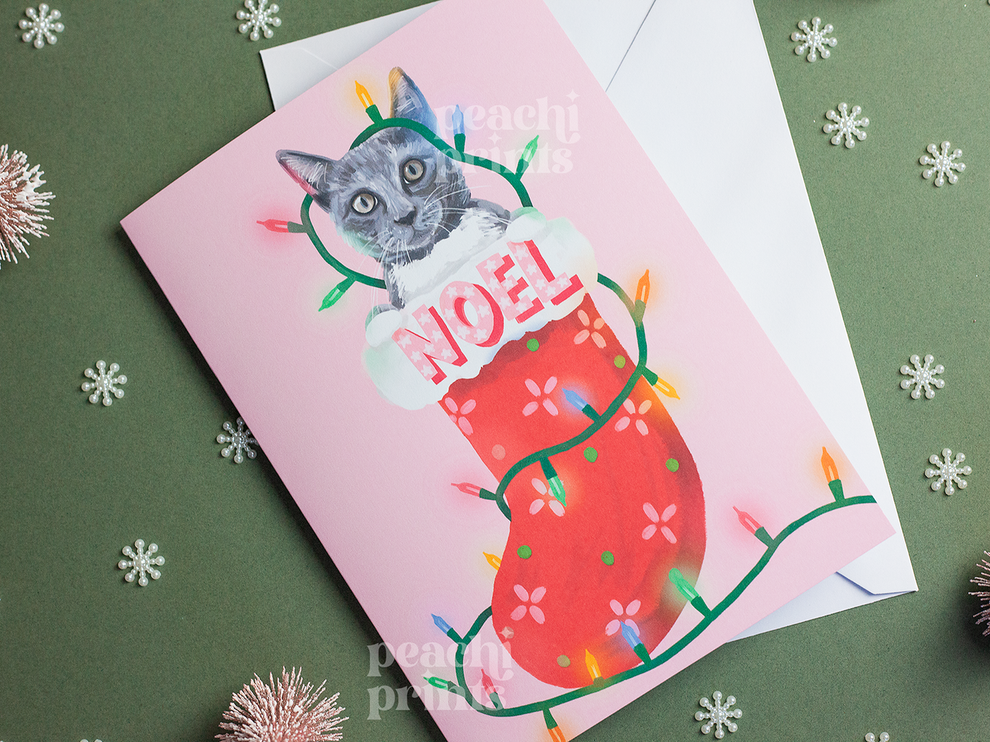 Cat in Stocking Pink Christmas Card