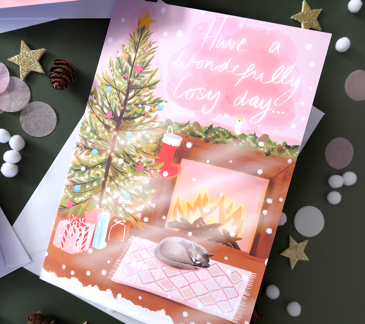 Cosy Cat Pink Christmas Card