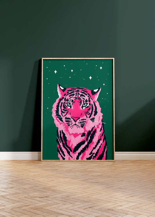 Starry Tiger Forest Green Print