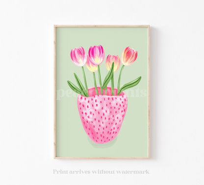 Strawberry Vase with Tulips Print