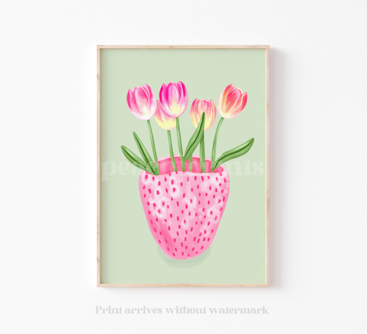 Strawberry Vase with Tulips Print