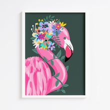 Load image into Gallery viewer, Floral Flamingo Crown Dark Green Print
