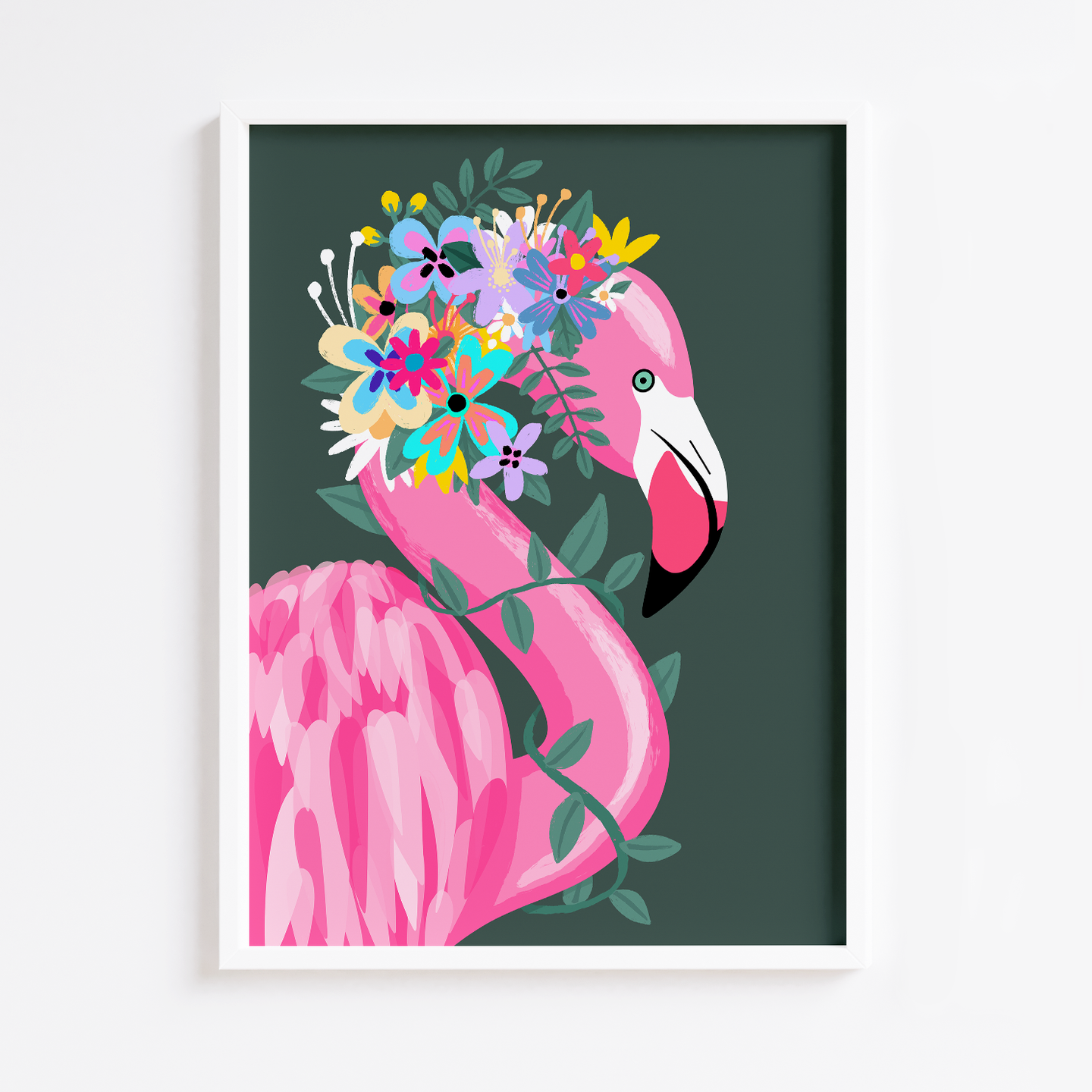Floral Flamingo Crown Dark Green Print