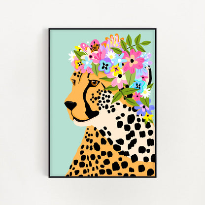 Floral Cheetah Crown Green Print