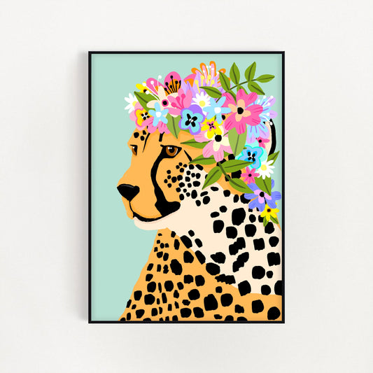 Floral Cheetah Crown Green Print